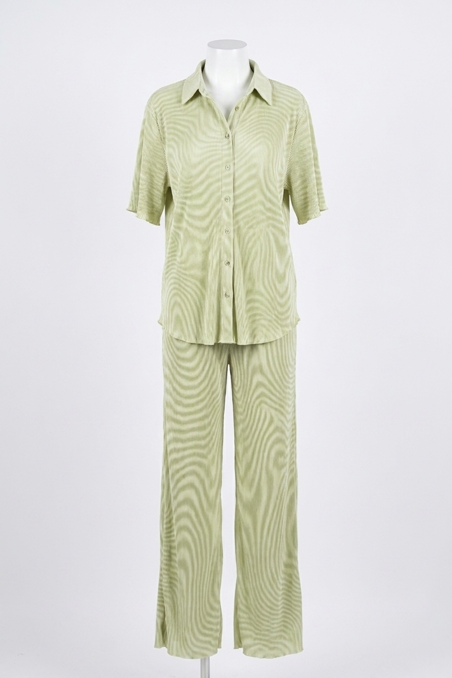 NEW SHE + SKY plisse button down top with pants in lime